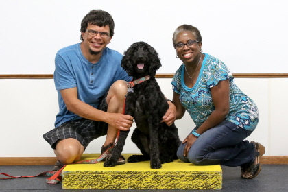 Dog showing obedience skills for photo