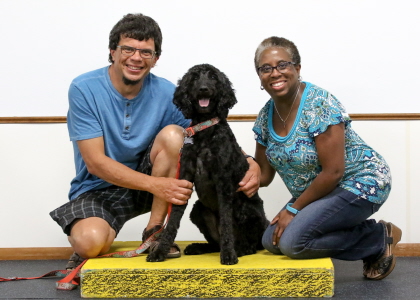 Dog showing obedience skills for photo